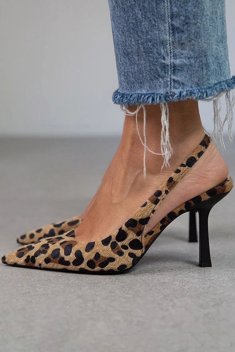 Tacones de aguja slingback estampado leopardo caqui en punta