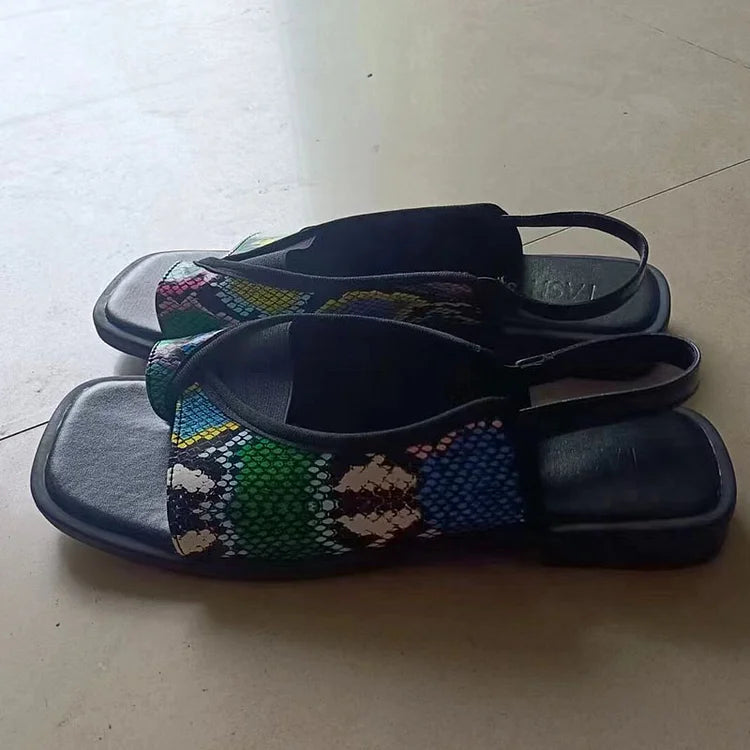 Sandalias slingback estampado leopardo patchwork de punta cuadrada