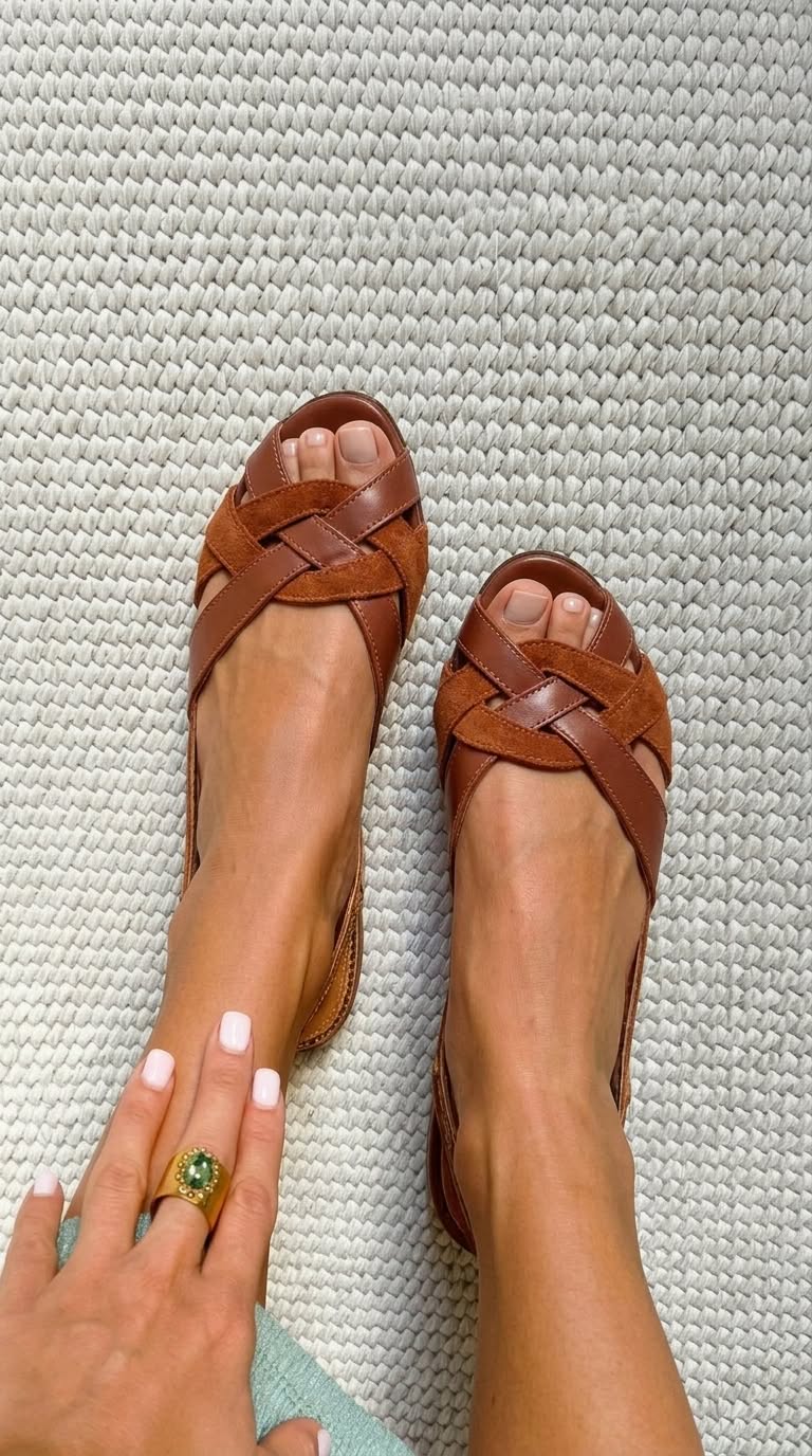 Sandalias slingback bajas marrón de punta abierta con tiras cruzadas
