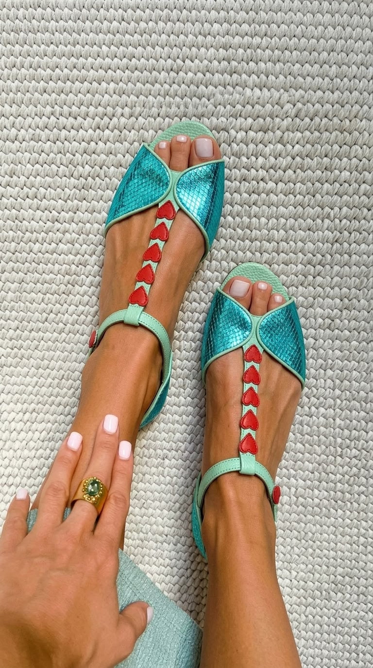 Sandalias peep toe bajas Petróleo y Rojo con tira en T y corazón
