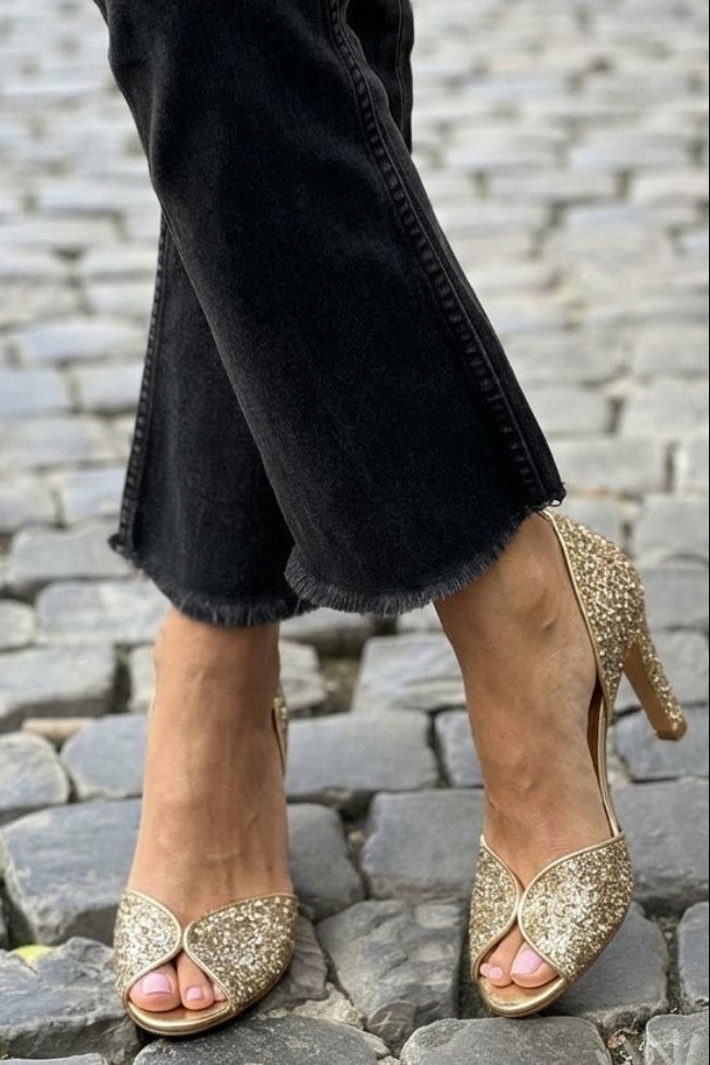 Tacones altos de punta abierta d'Orsay brillantes elegantes oro