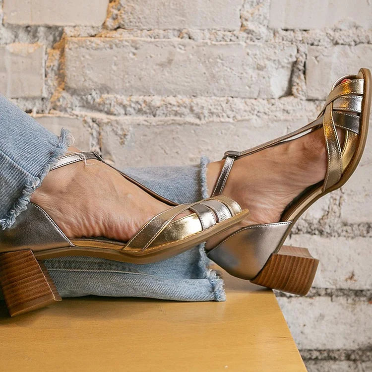 Tacones anchos de punta abierta metalizados cómodos oro con hebilla, tira en T y tiras cruzadas