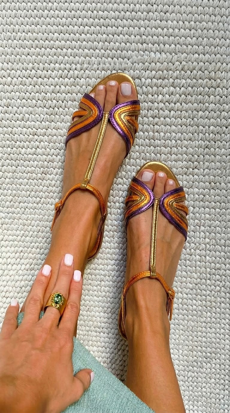 Sandalias peep toe metalizadas Morado y Oro con tira en T