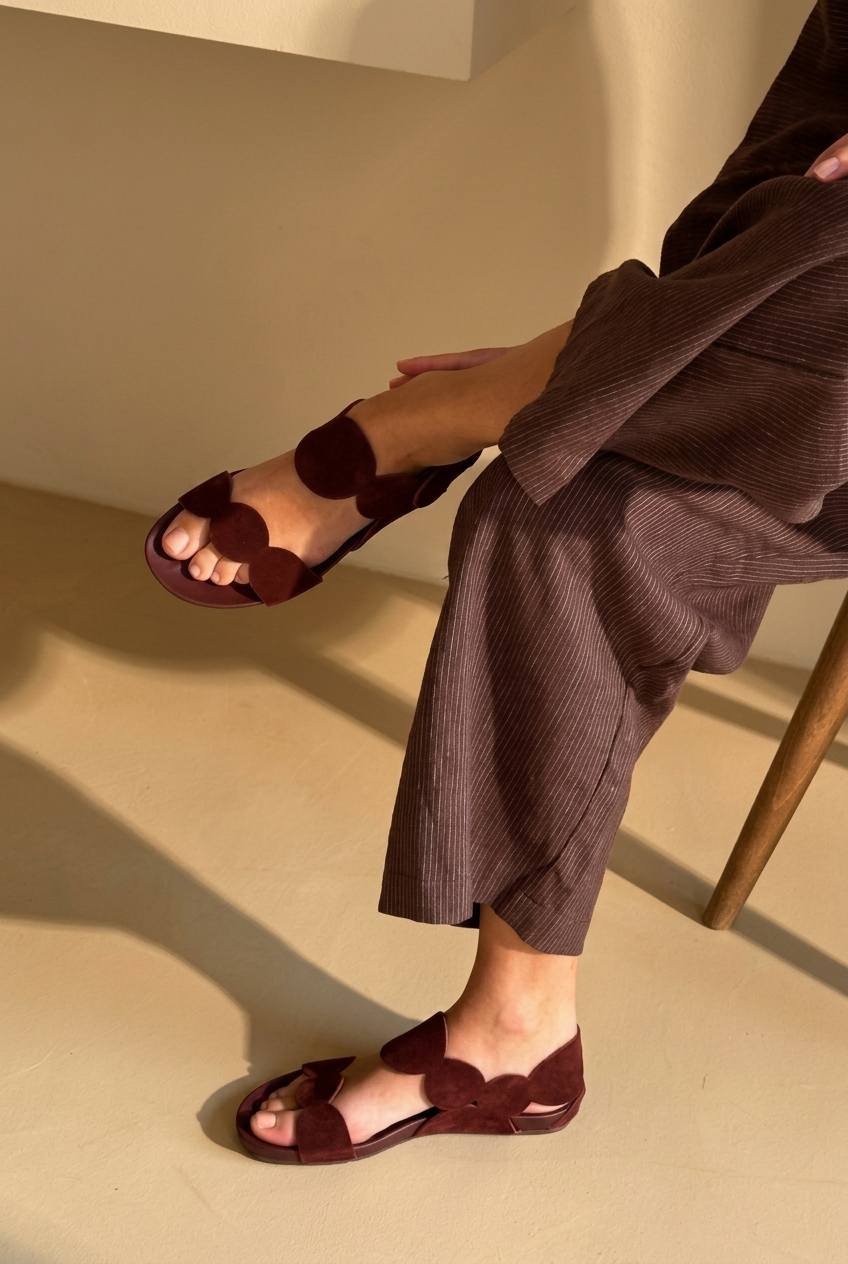 Sandalias boho de verano bajas Burdeos con tira festoneada