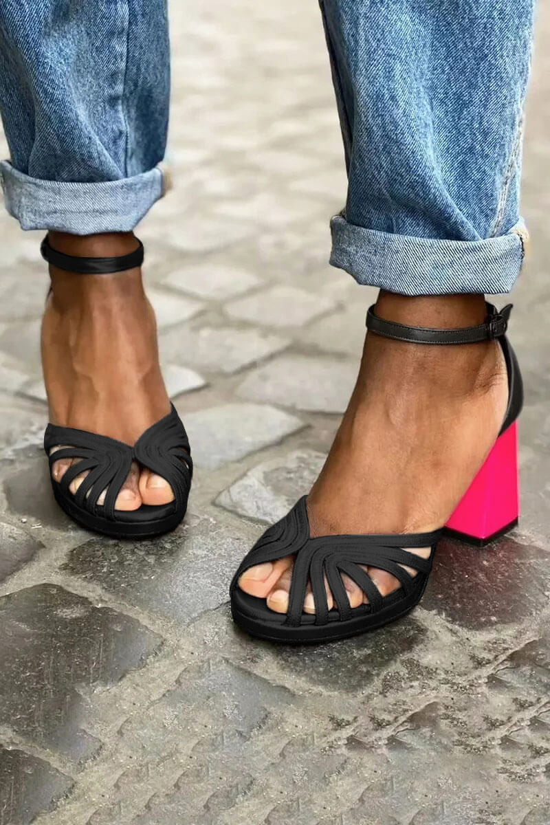 Tacones anchos peep toe color block brillantes elegantes con tira al tobillo y hebilla