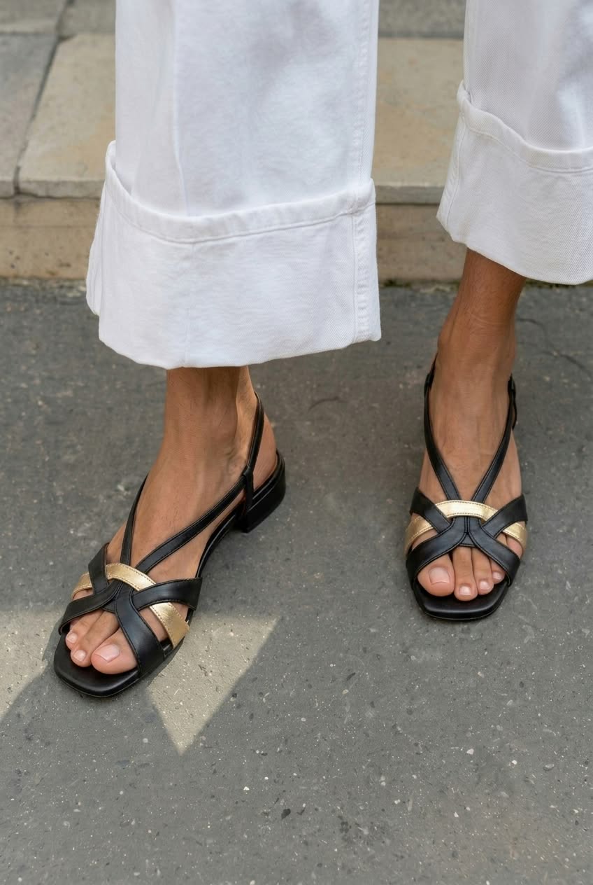Sandalias slingback de punta cuadrada con tiras cruzadas, tiras y tacón bajo