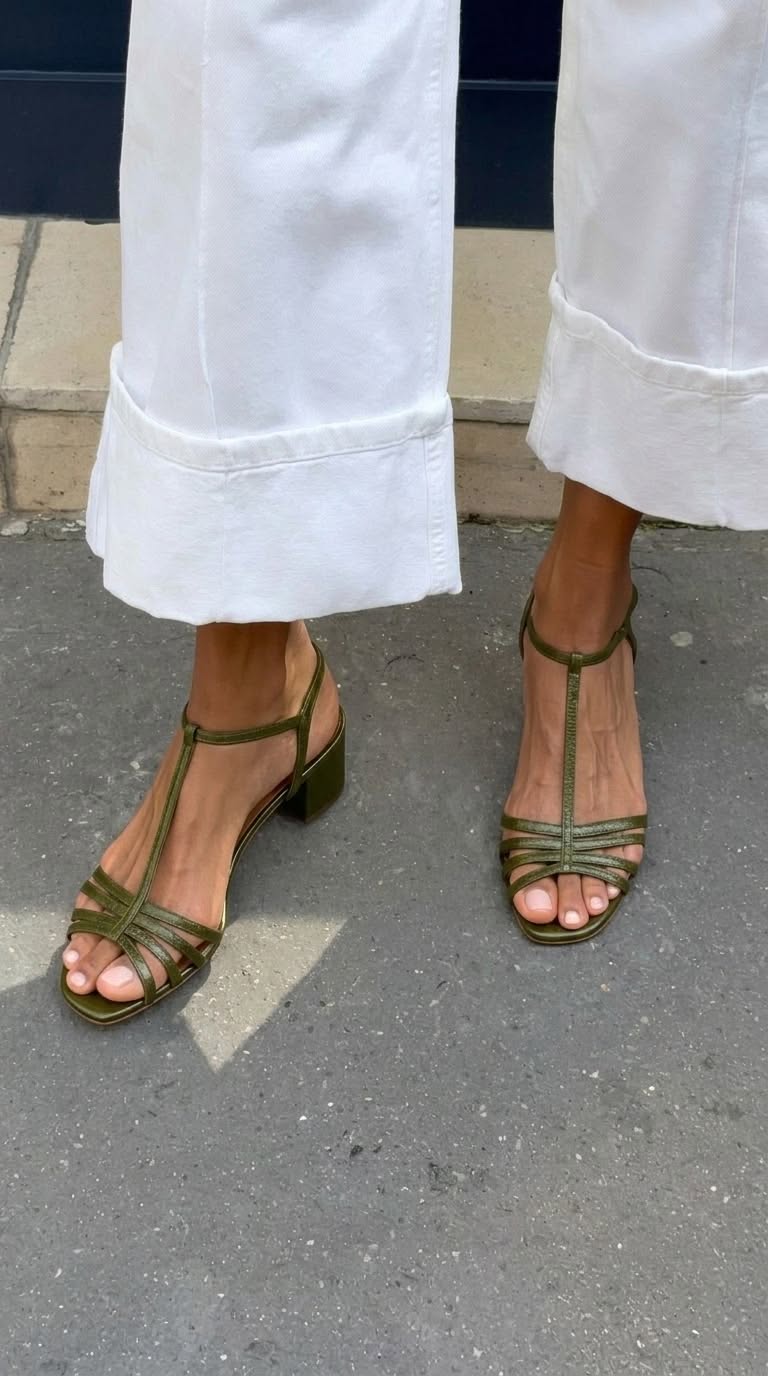 Sandalias metalizadas con hebilla, tira en T y tacón de bloque