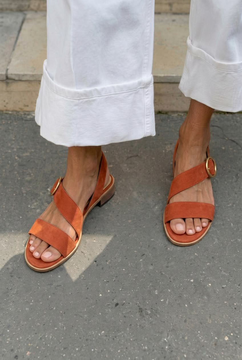 Sandalias asimétricas casual bajas con punta abierta y hebilla