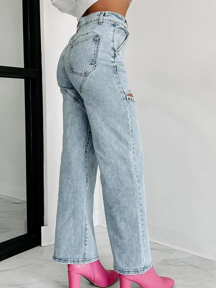 MIRANDA | Jeans rectos desgastados con detalle Strass