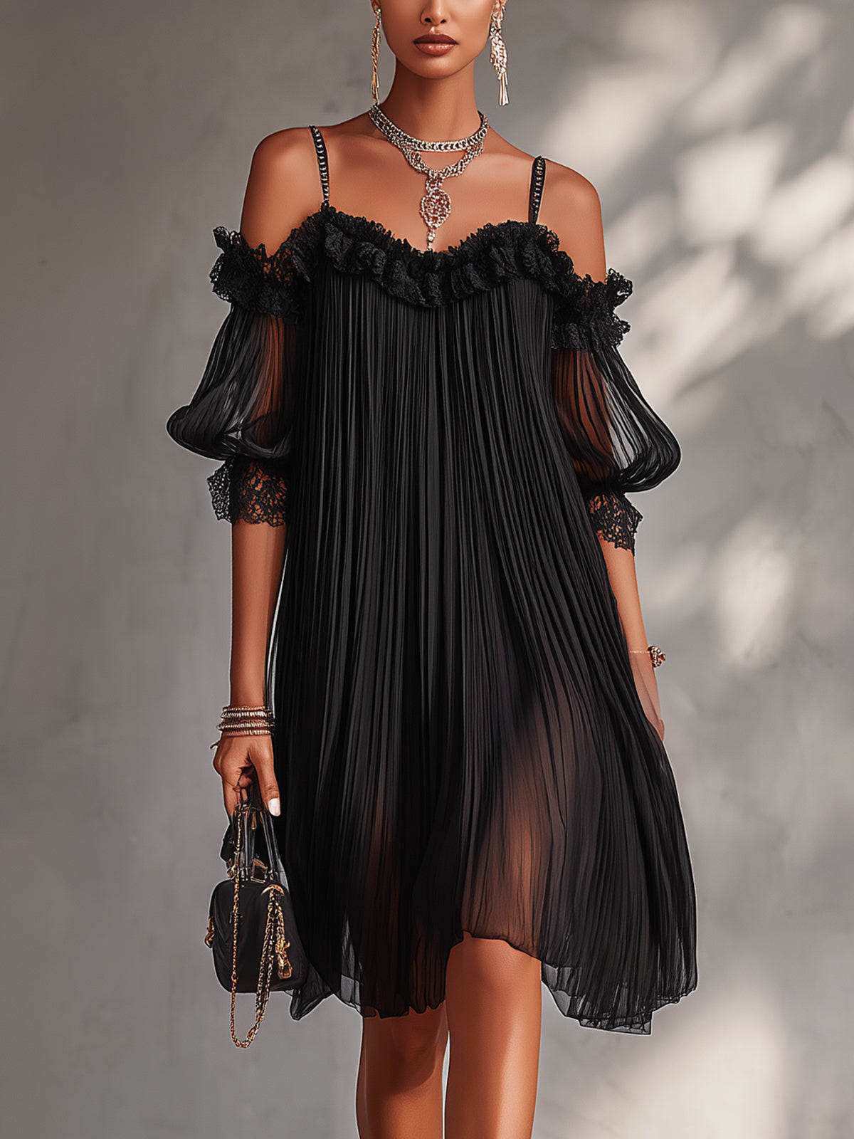 Mini Vestido Negro con Hombros Descubiertos y Borde de Encaje