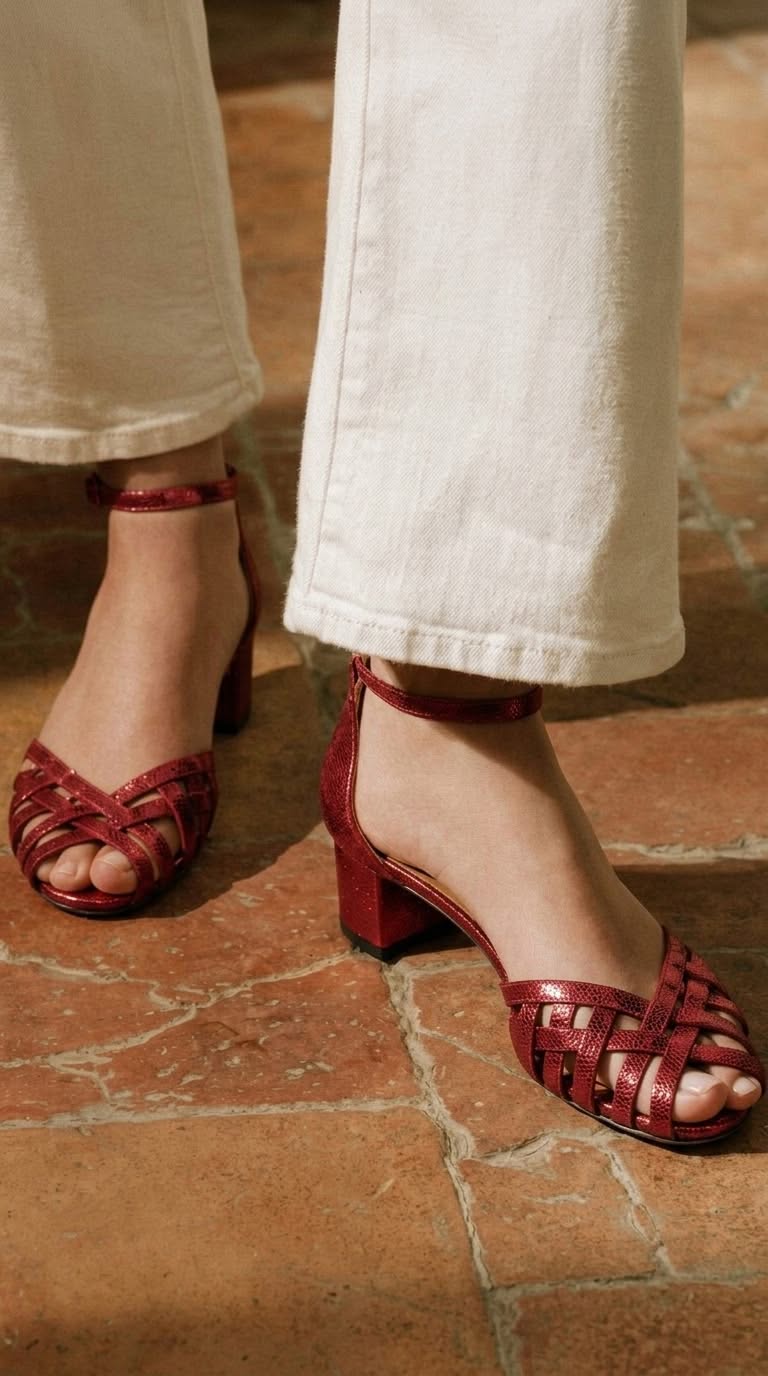 Tacones anchos peep toe trenzados Oro con tira al tobillo y hebilla