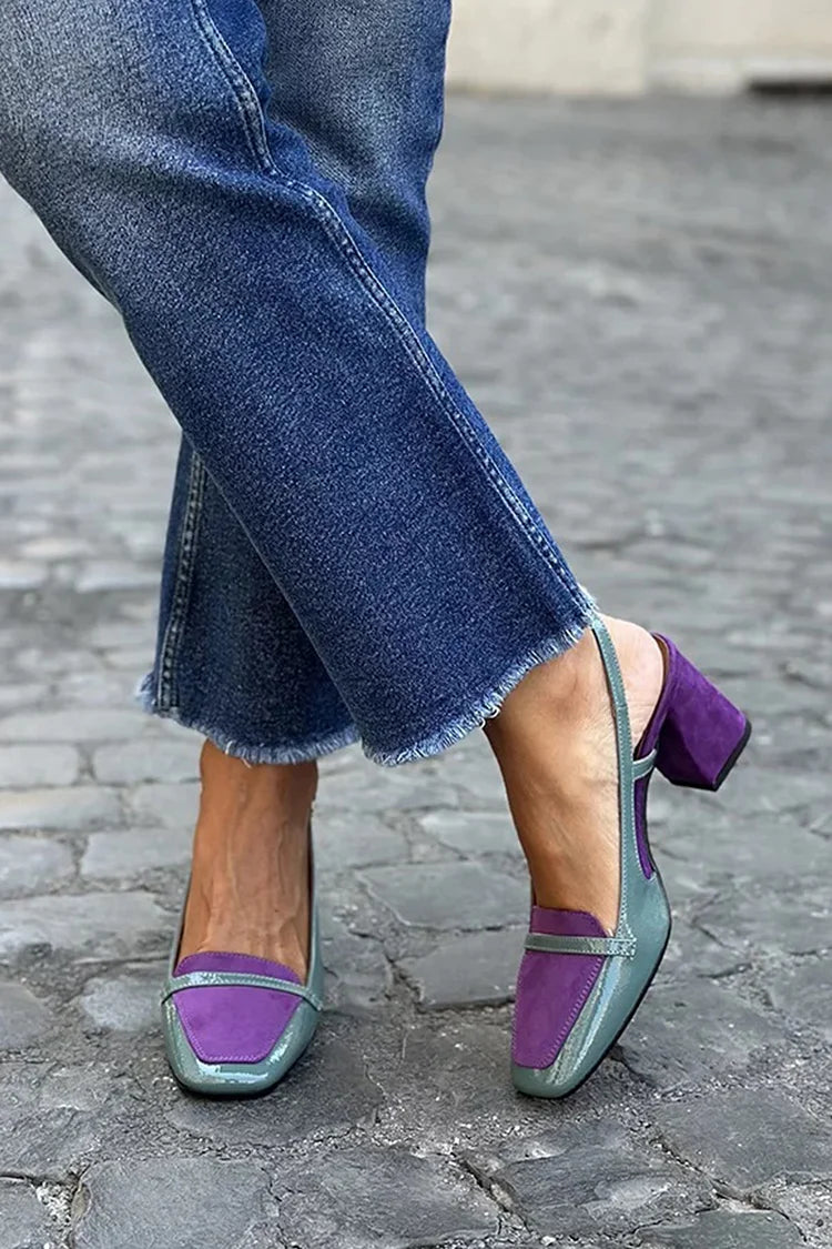 Tacones anchos slingback patchwork Morado en punta cuadrada