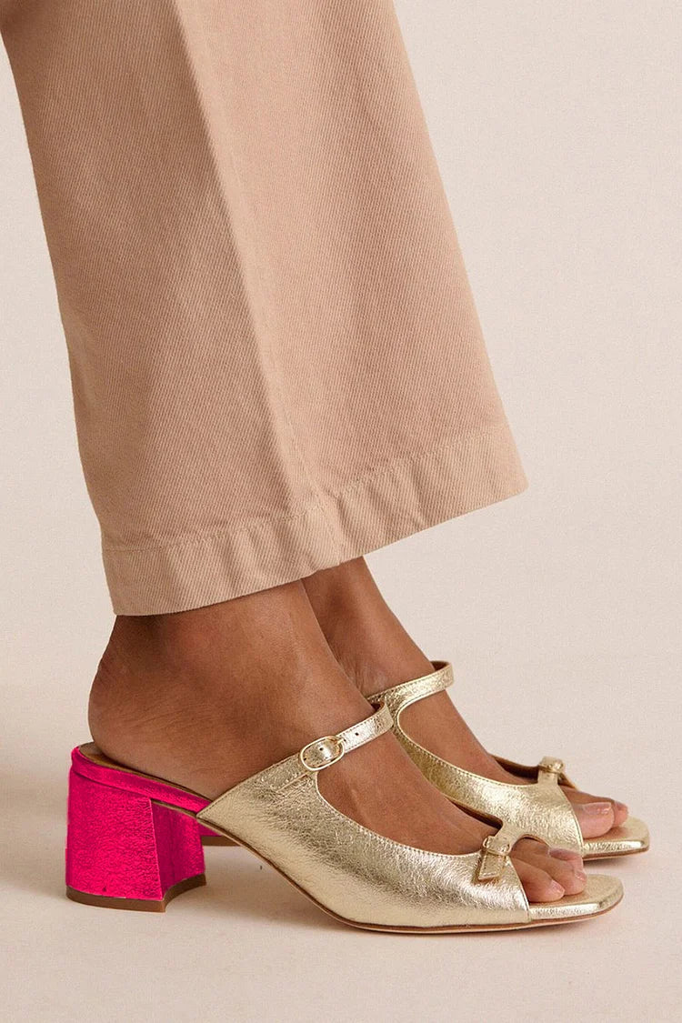 Tacones anchos slingback cut-out color block Oro
