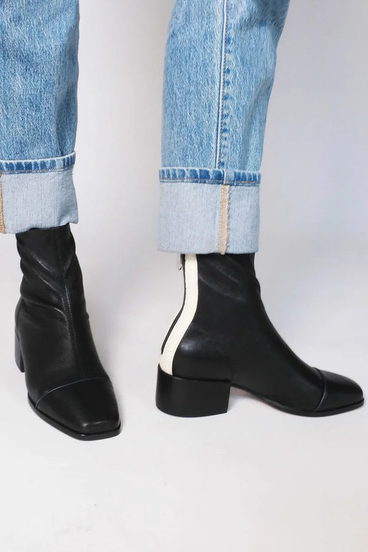 Botines color block negro de punta cuadrada con cremallera y tacón bajo de bloque