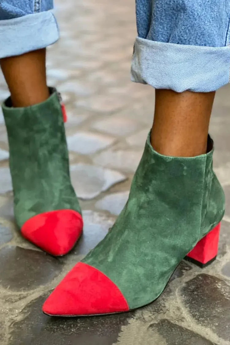 Botas de tacón ancho color block verde en punta con cremallera