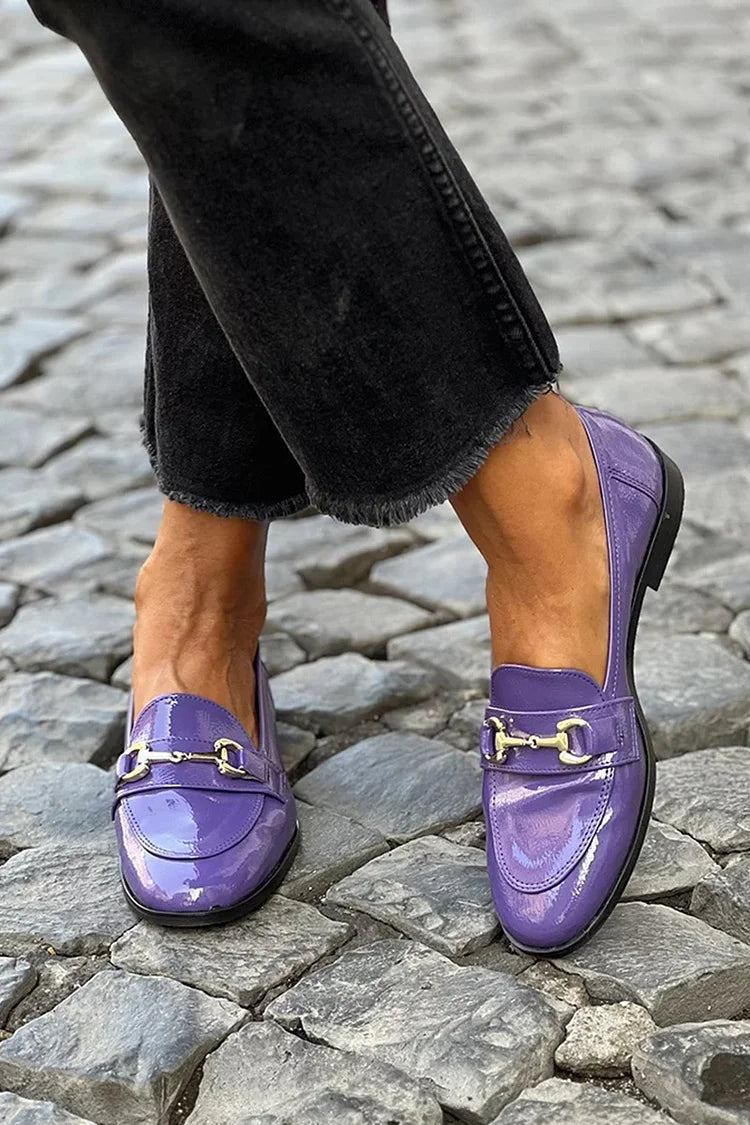 Mocasines patchwork morado de punta redonda con hebilla