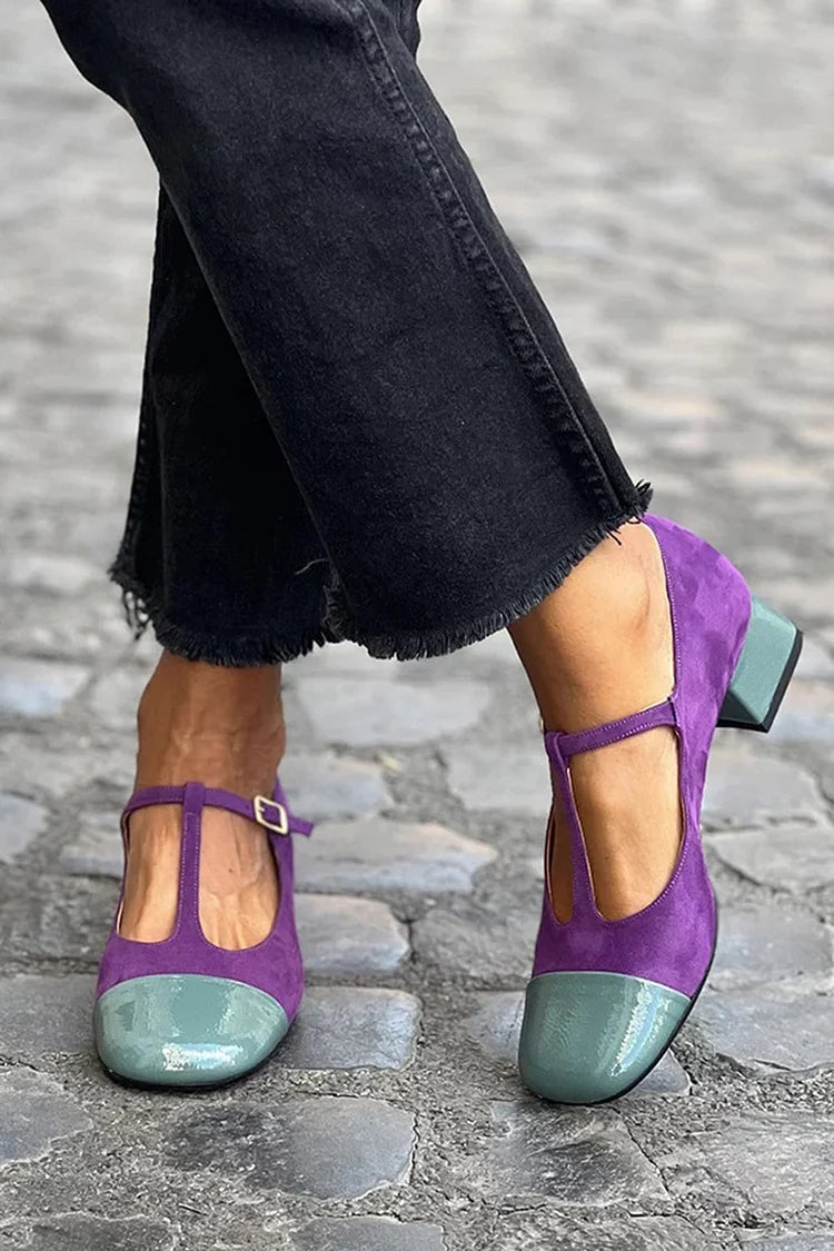 Tacones anchos color block morado de punta redonda con hebilla y tira en T