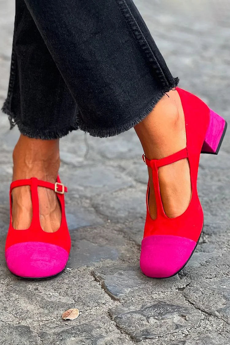 Tacones anchos patchwork Rojo en punta redonda con hebilla y tira en T