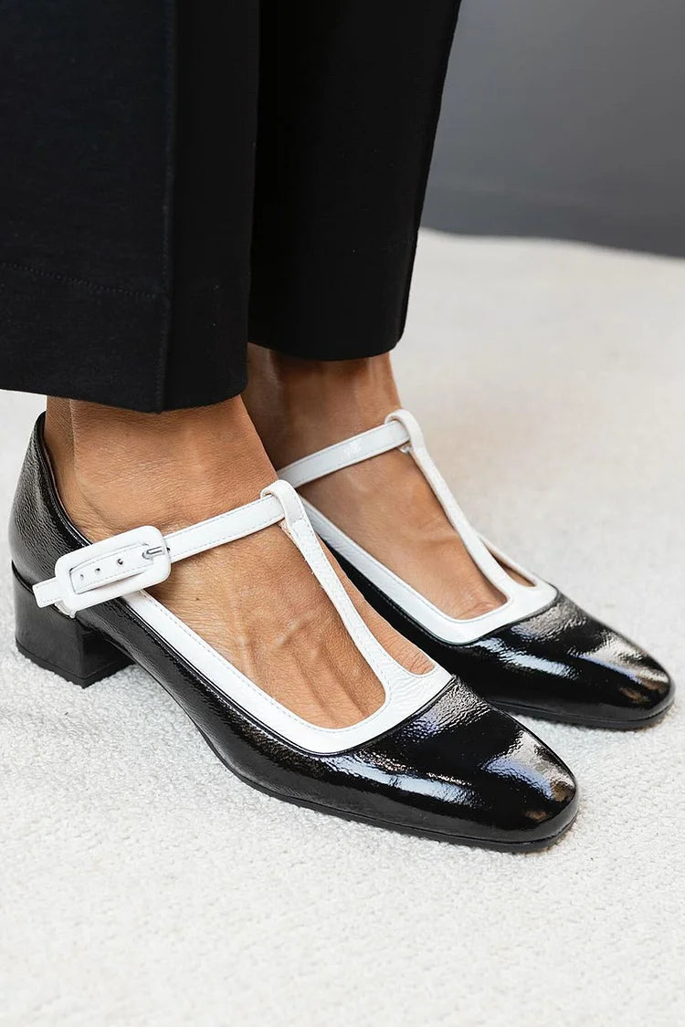 Tacones anchos color block negro de punta cuadrada con hebilla y tira en T [Pre-venta]