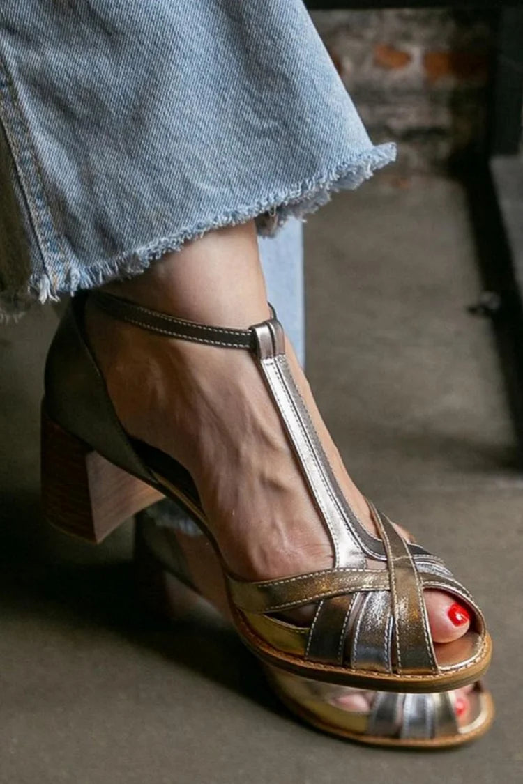 Tacones anchos de punta abierta metalizados cómodos oro con hebilla, tira en T y tiras cruzadas