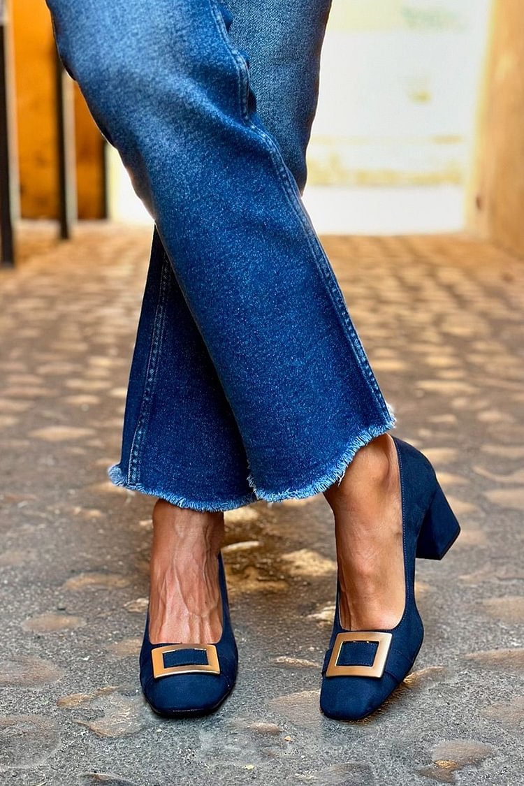 Tacones anchos patchwork Azul Marino en punta cuadrada