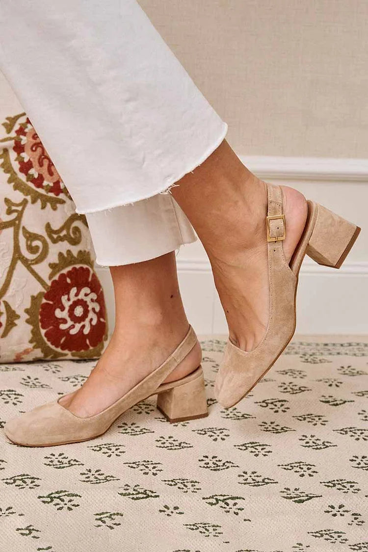 Tacones slingback esenciales chunky caqui de punta cuadrada con hebilla