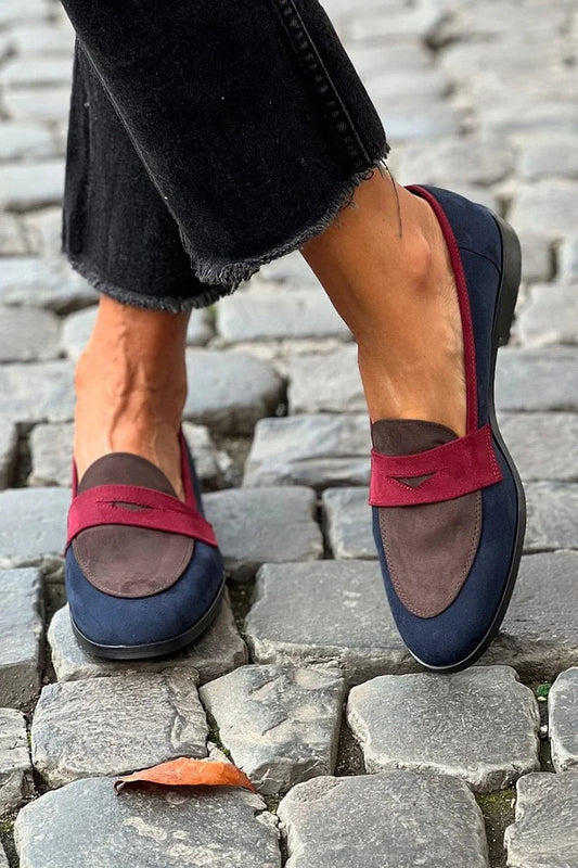 Mocasines color block patchwork Azul Marino en punta redonda