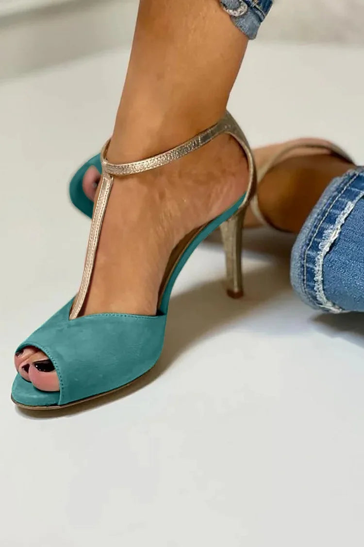Tacones de aguja color block elegantes verde con hebilla y tira en T