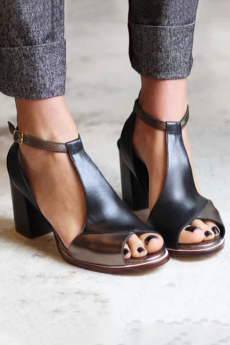 Tacones anchos peep toe patchwork Negro con tira al tobillo