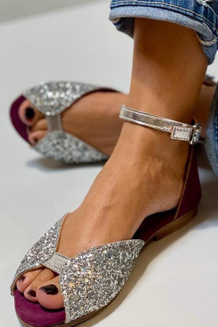 Sandalias peep toe con glitter Plata con tira al tobillo y hebilla