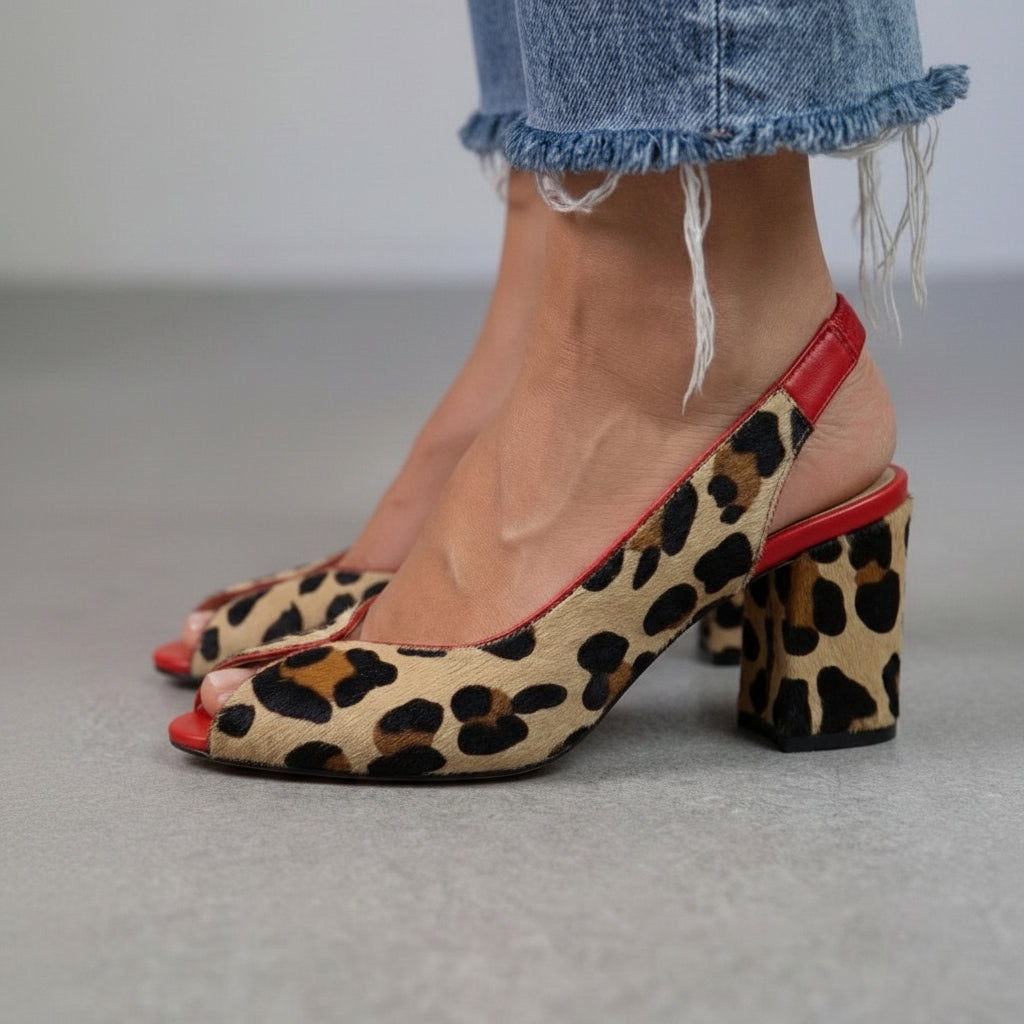 Tacones de bloque slingback peep toe estampado de leopardo Rojo