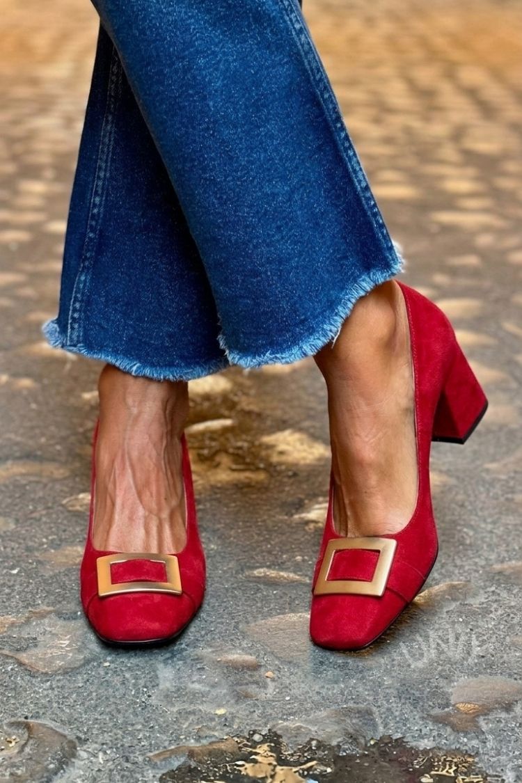 Tacones anchos patchwork Azul Marino en punta cuadrada