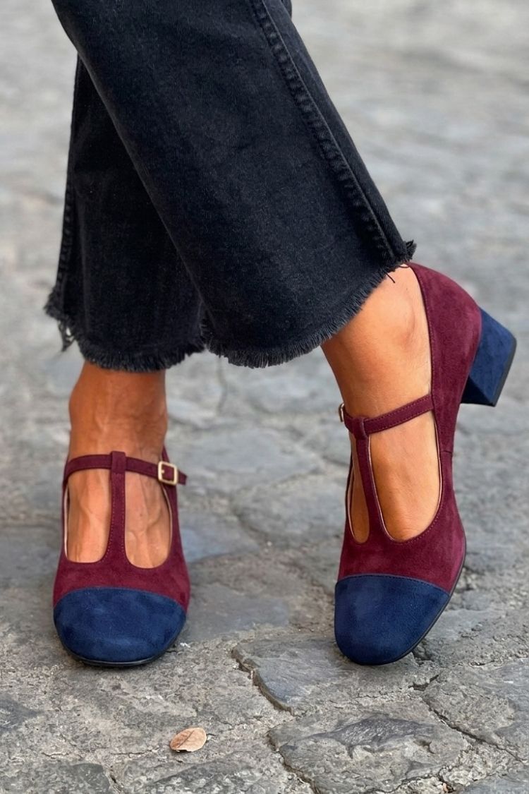Tacones anchos patchwork Rojo en punta redonda con hebilla y tira en T