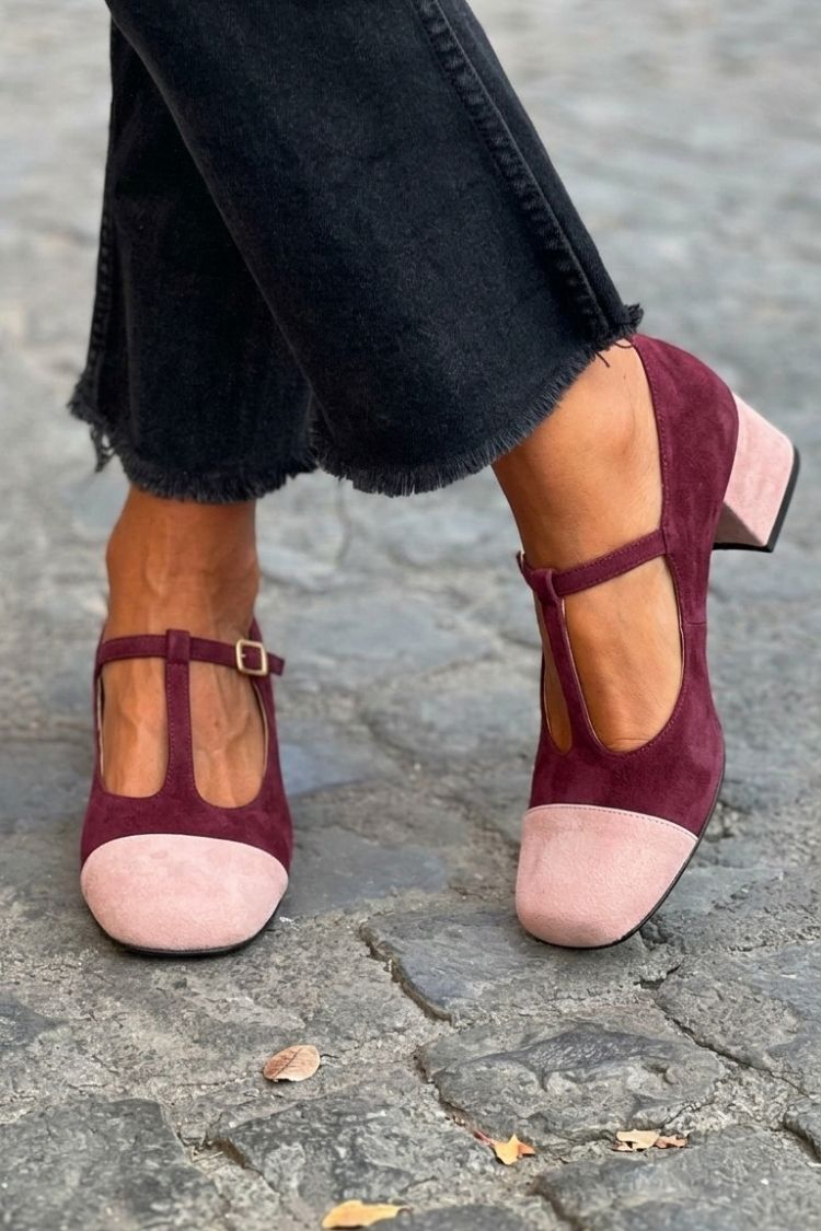 Tacones anchos patchwork Rojo en punta redonda con hebilla y tira en T