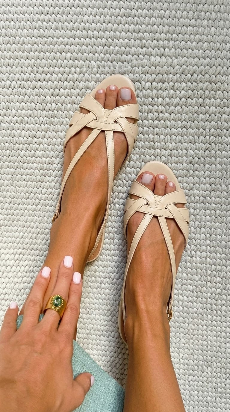 Sandalias slingback peep toe bajas nude con tiras cruzadas