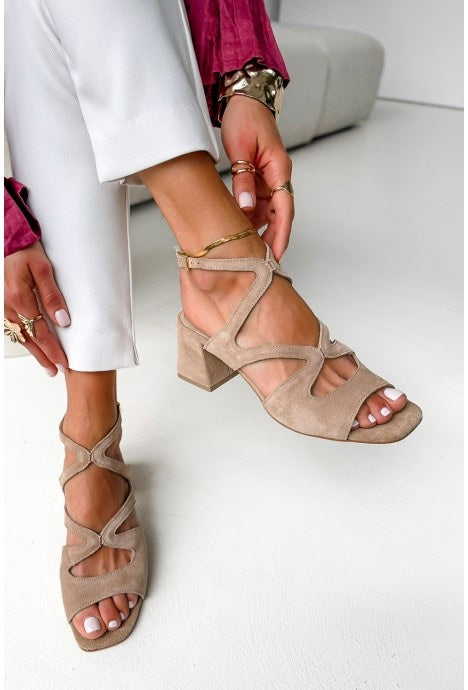 Tacones de bloque de ante Beige en punta cuadrada con tira al tobillo