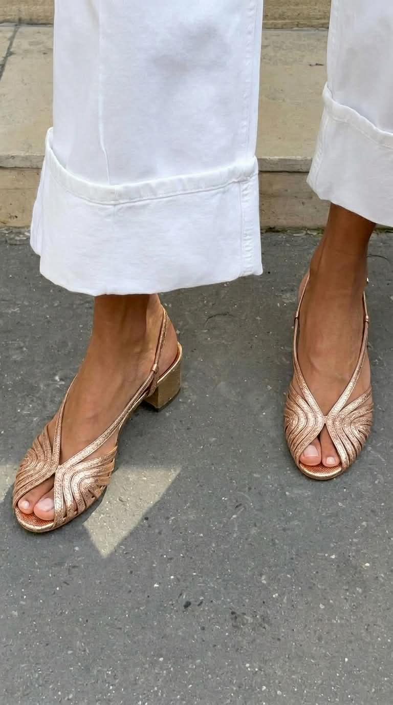 Tacones de bloque slingback peep toe trenzados metalizados Oro Rosa