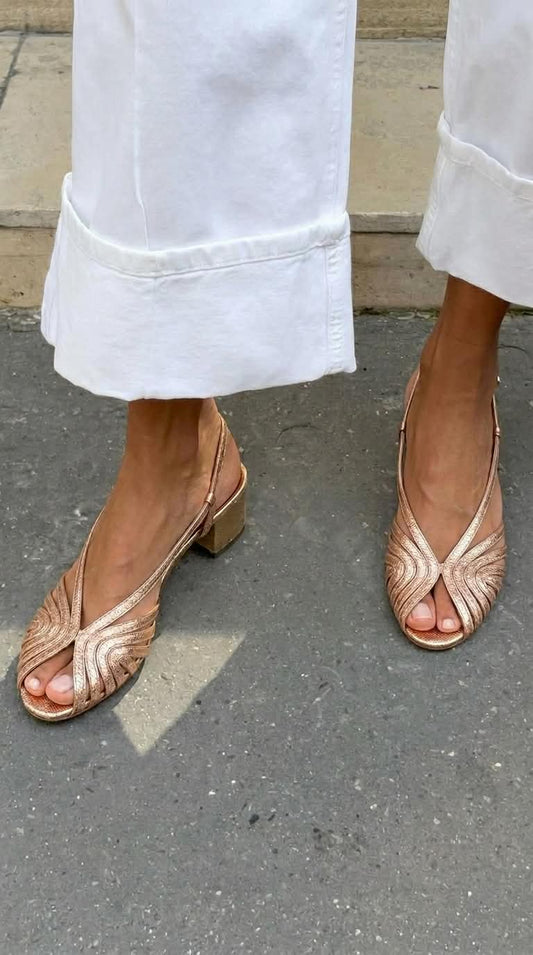 Tacones de bloque slingback peep toe trenzados metalizados Oro Rosa