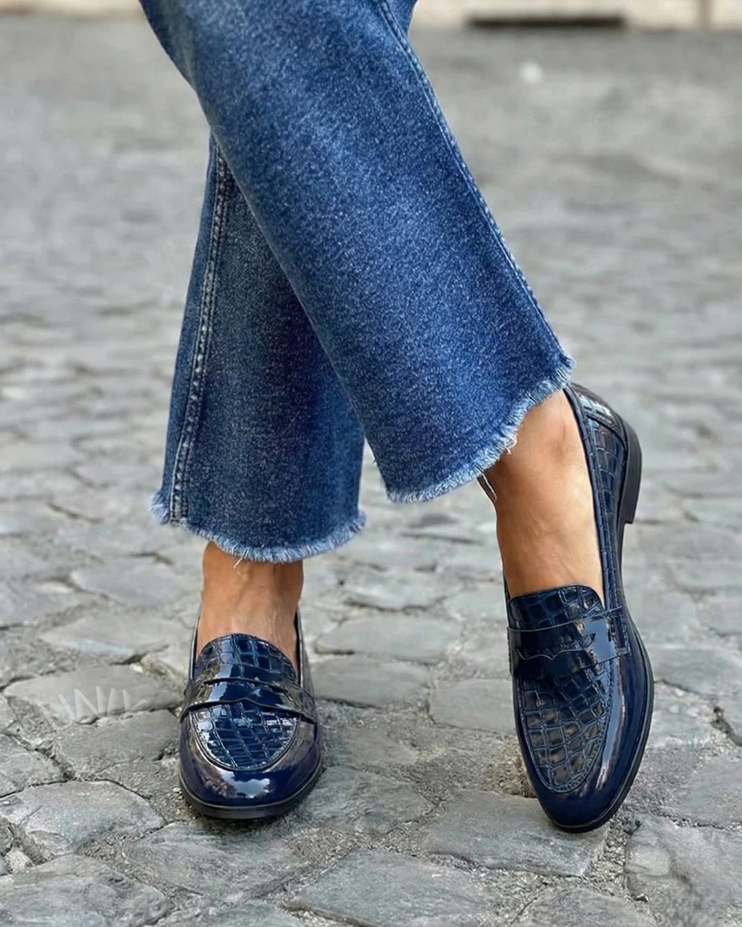 Mocasines penny efecto cocodrilo elegantes Azul Marino de piel PU charolada