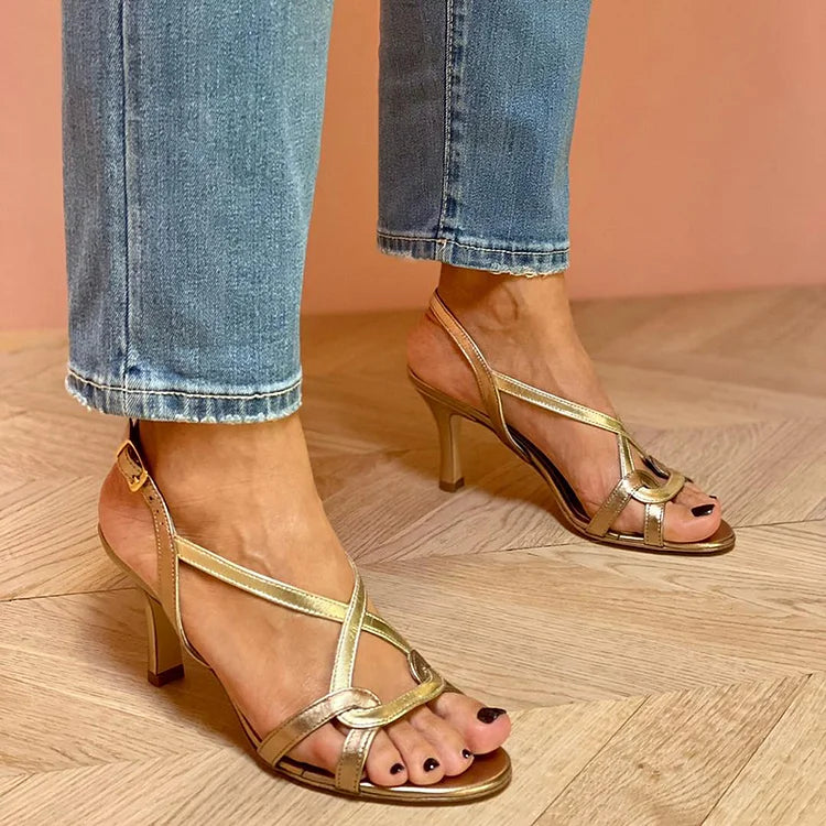 Tacones de aguja punta abierta crochet brillantes cómodos de piel con tiras