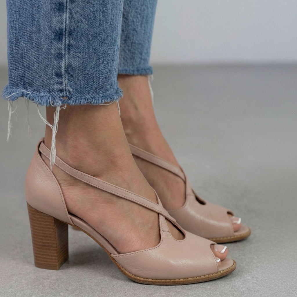 Sandalias elegantes Rosa Empolvado y Rosa en punta abierta con tiras cruzadas y tacón de bloque