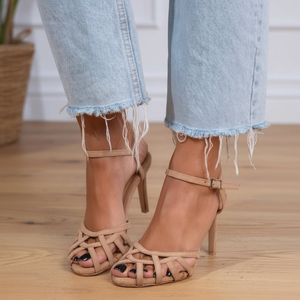 Tacones de aguja cut-out trenzados de ante con tira al tobillo [Pre-Order]
