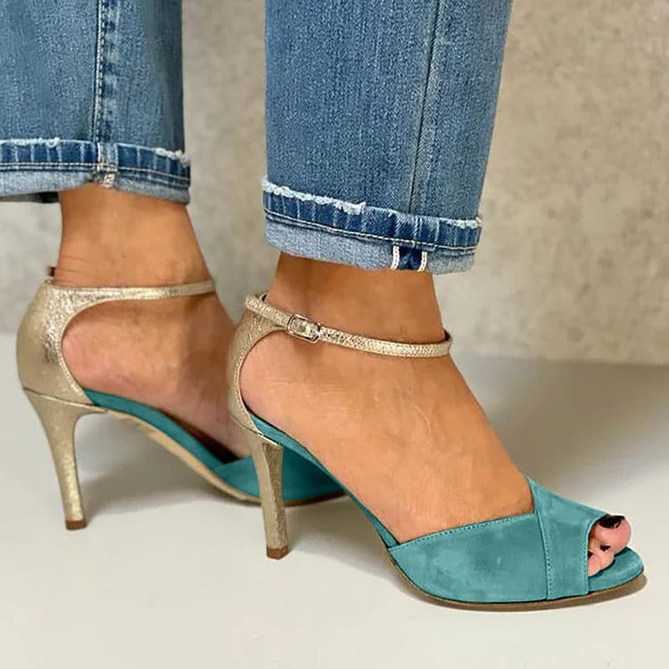 Tacones de aguja de punta abierta con glitter, tira al tobillo y hebilla