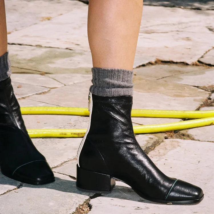 Botines color block negro de punta cuadrada con cremallera y tacón bajo de bloque