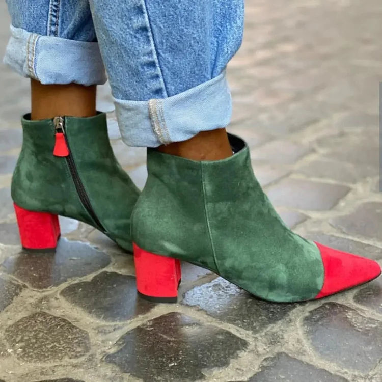 Botas de tacón ancho color block verde en punta con cremallera