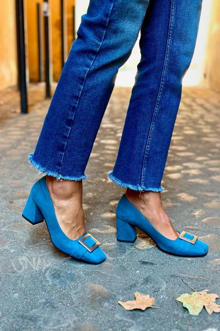 Tacones anchos patchwork Azul Marino en punta cuadrada