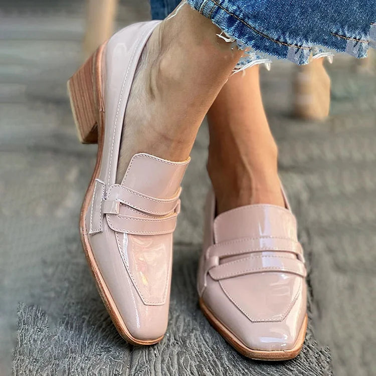 Mocasines chunky de charol rosa de punta cuadrada en piel
