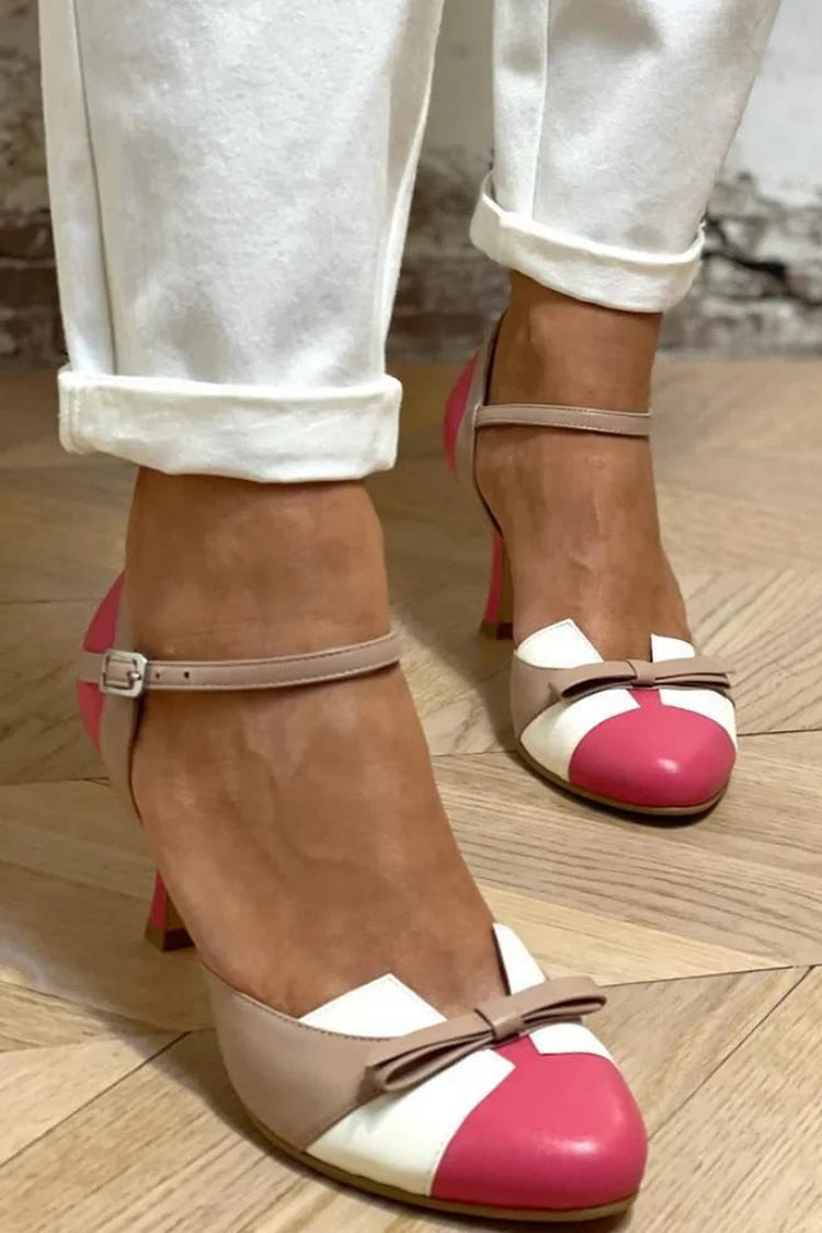 Tacones de aguja color block patchwork fucsia de punta redonda con lazo