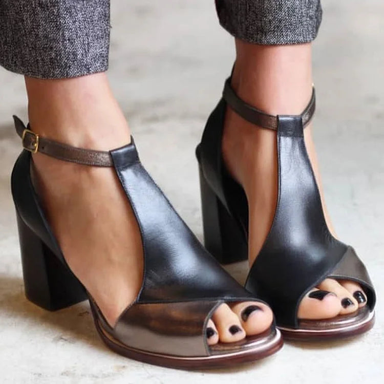 Tacones anchos peep toe patchwork Negro con tira al tobillo