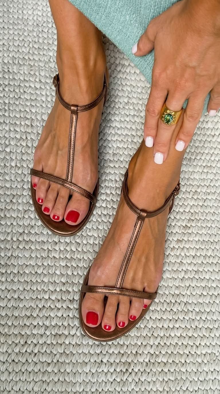 Sandalias metalizadas veraniegas bajas con tira en T